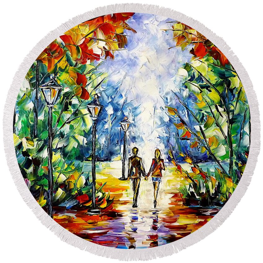 Colorful Park Round Beach Towel featuring the painting Romantic Day by Mirek Kuzniar