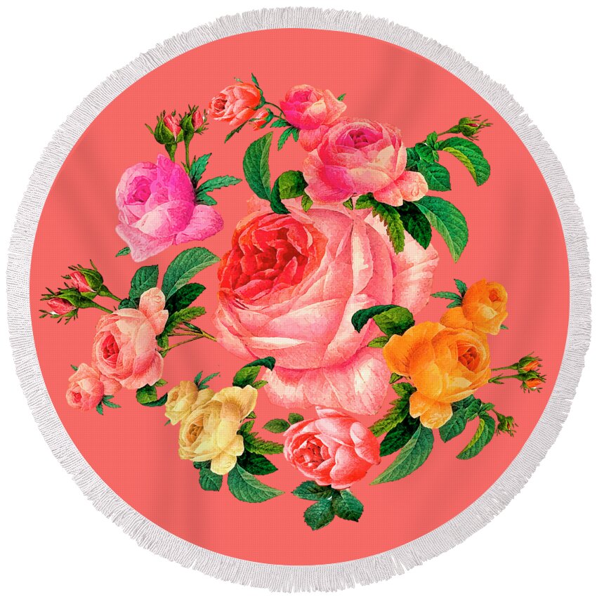 Rose Round Beach Towel featuring the mixed media Romantic rose wreath by Elena Gantchikova