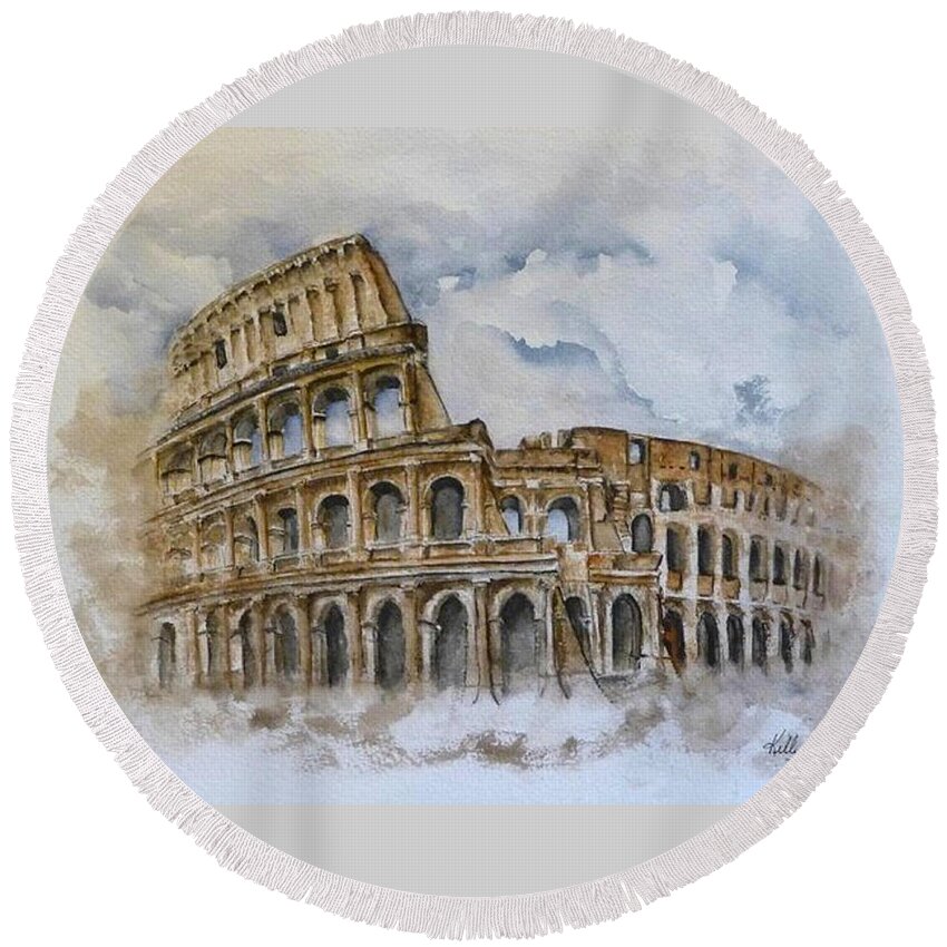 Colosseum Round Beach Towel featuring the painting Rome's Colosseum by Kelly Mills