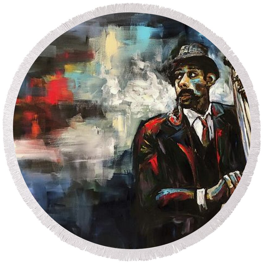 Ron Carter Round Beach Towel featuring the painting Ron Carter by Ellen Lewis