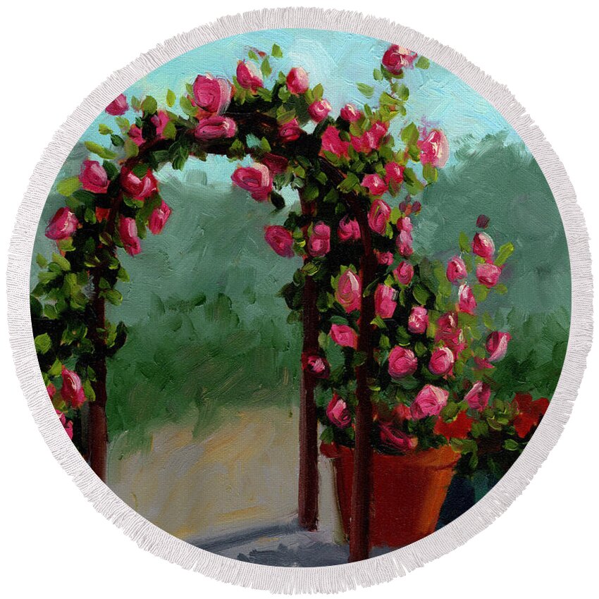Flower Round Beach Towel featuring the painting Rose Arbor by Alice Leggett
