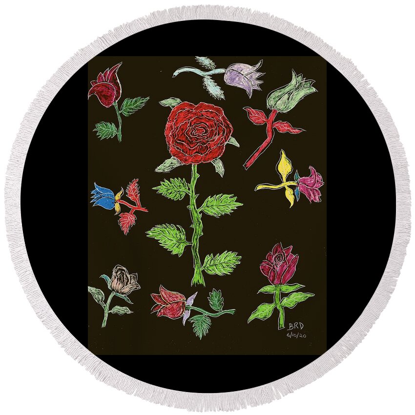 Roses Round Beach Towel featuring the drawing Rose Fantasy by Branwen Drew