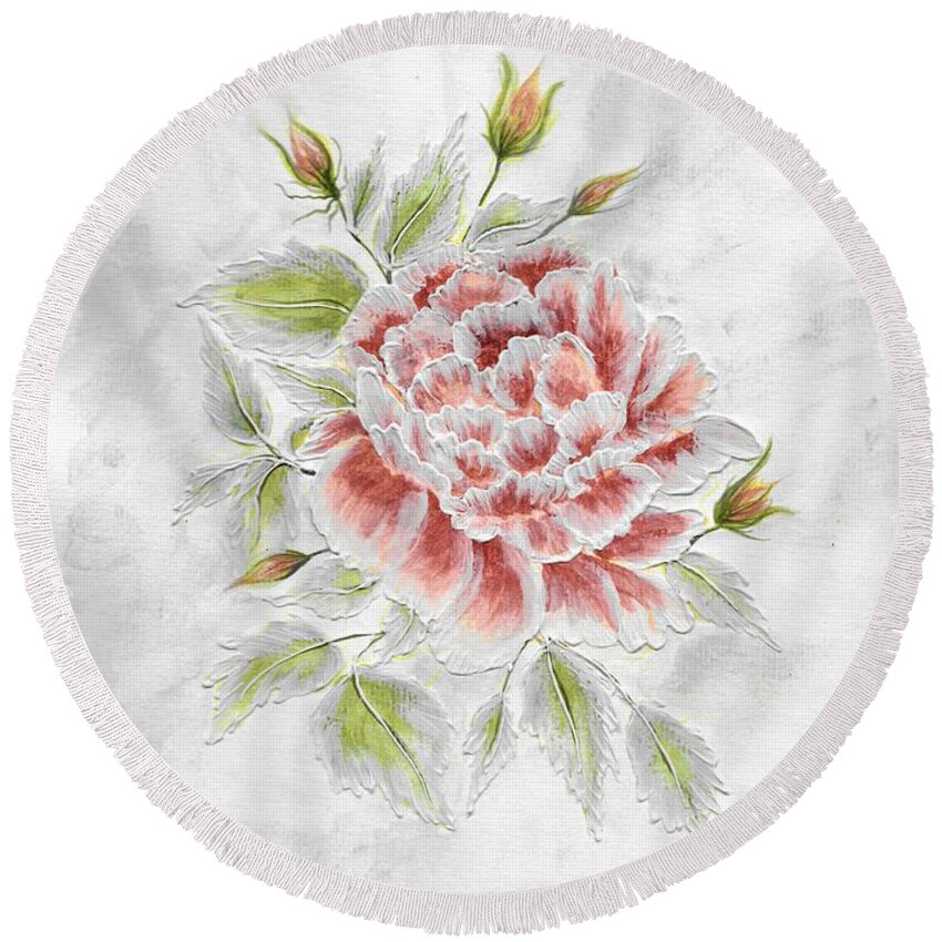 Pink Rose Round Beach Towel featuring the mixed media Rose for Valentines by Linda Stanton