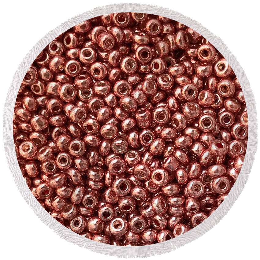 Rose Gold Round Beach Towel featuring the photograph Rose Gold Glass Seed Beads by Marianna Mills