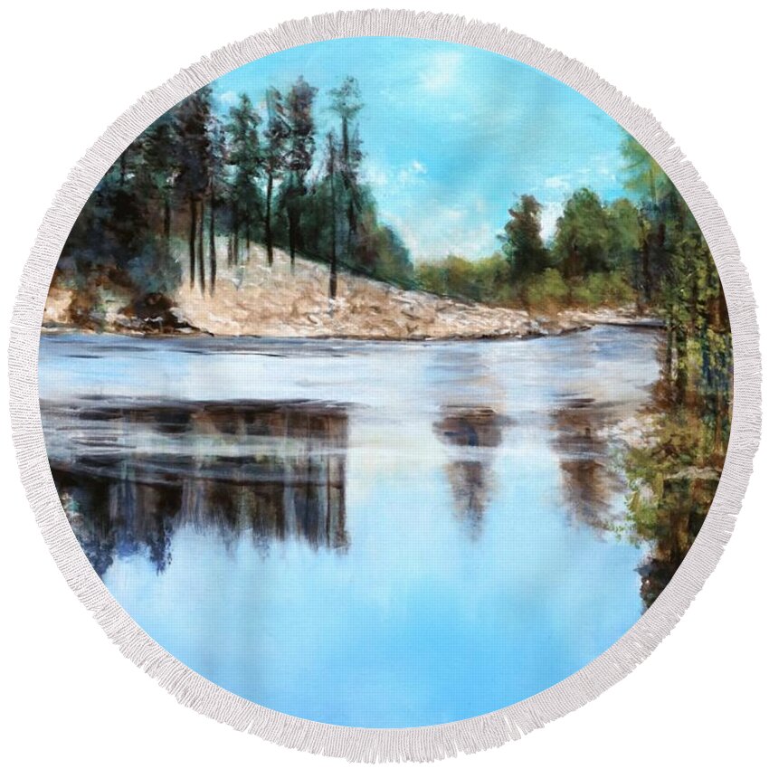 Tucson Round Beach Towel featuring the painting Rose Lake another view by M Diane Bonaparte