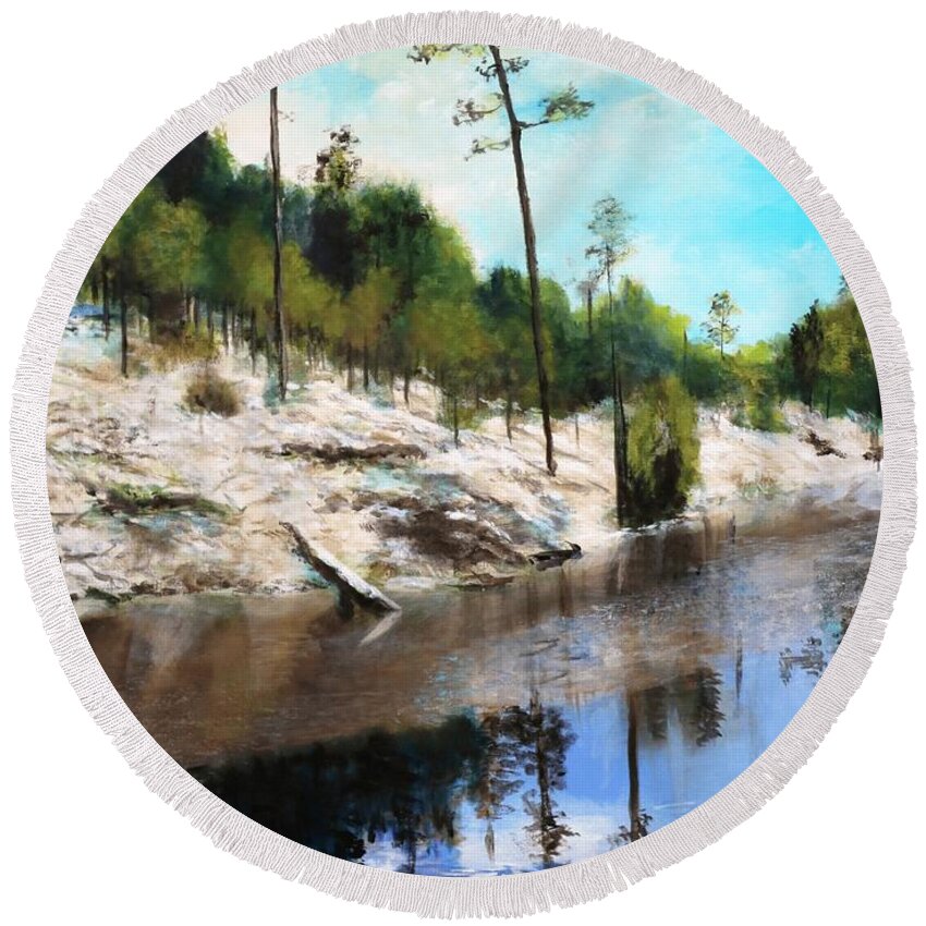 Tucson Round Beach Towel featuring the painting Rose Lake the other side by M Diane Bonaparte