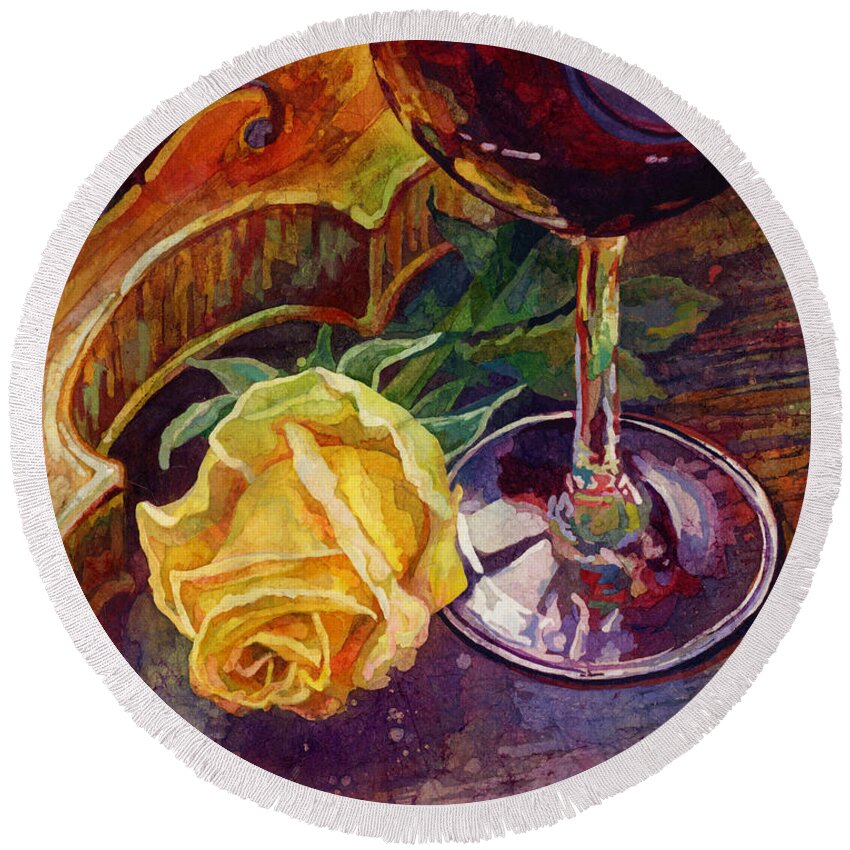 Rose Round Beach Towel featuring the painting Rose, Wine, and Violin by Hailey E Herrera