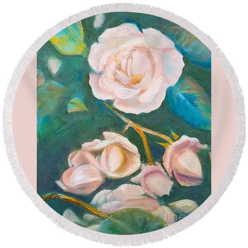 Roses Round Beach Towel featuring the painting Roses and Leaves by Barbara Oertli