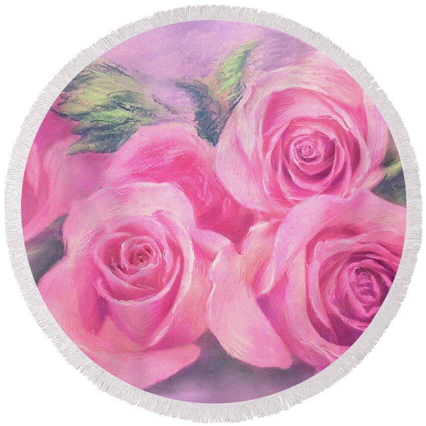 Rose Round Beach Towel featuring the painting Roses For My Mom by Yoonhee Ko