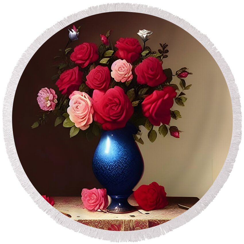 Roses Round Beach Towel featuring the digital art Roses in Blue Vase by Katrina Gunn