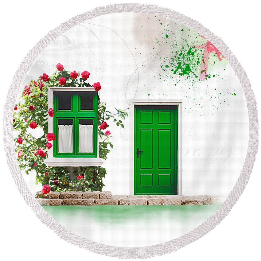 Door Round Beach Towel featuring the mixed media Roses 'Round My Window by Moira Law