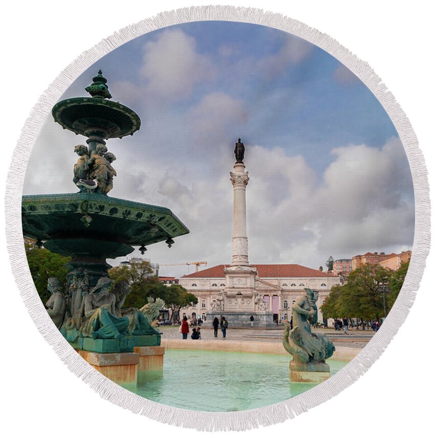 Lisbon Round Beach Towel featuring the photograph Rossio Square, Lisbon by Anastasy Yarmolovich