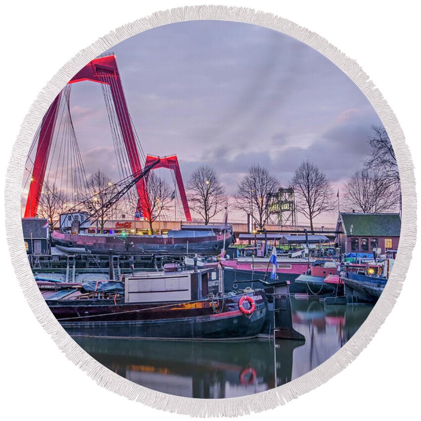 Rotterdam Round Beach Towel featuring the photograph Rotterdam, Old Harbor and Willems Bridge by Frans Blok
