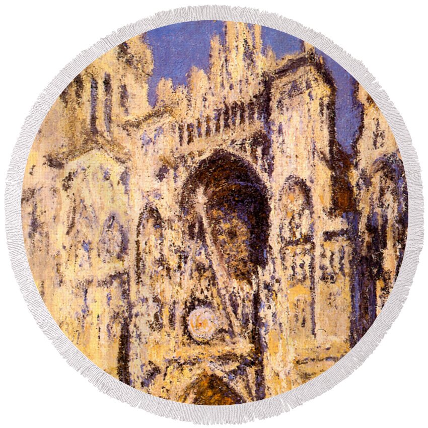 Claude Monet Round Beach Towel featuring the painting Rouen Cathedral Portal and Tour d Albane Full Sunlight Harmony in Blue and Gold by Claude Monet