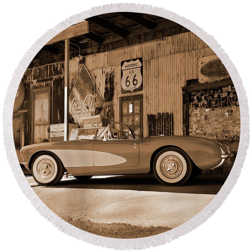  Route 66 Round Beach Towel featuring the photograph Route 66 - Classic Vette by Mike McGlothlen
