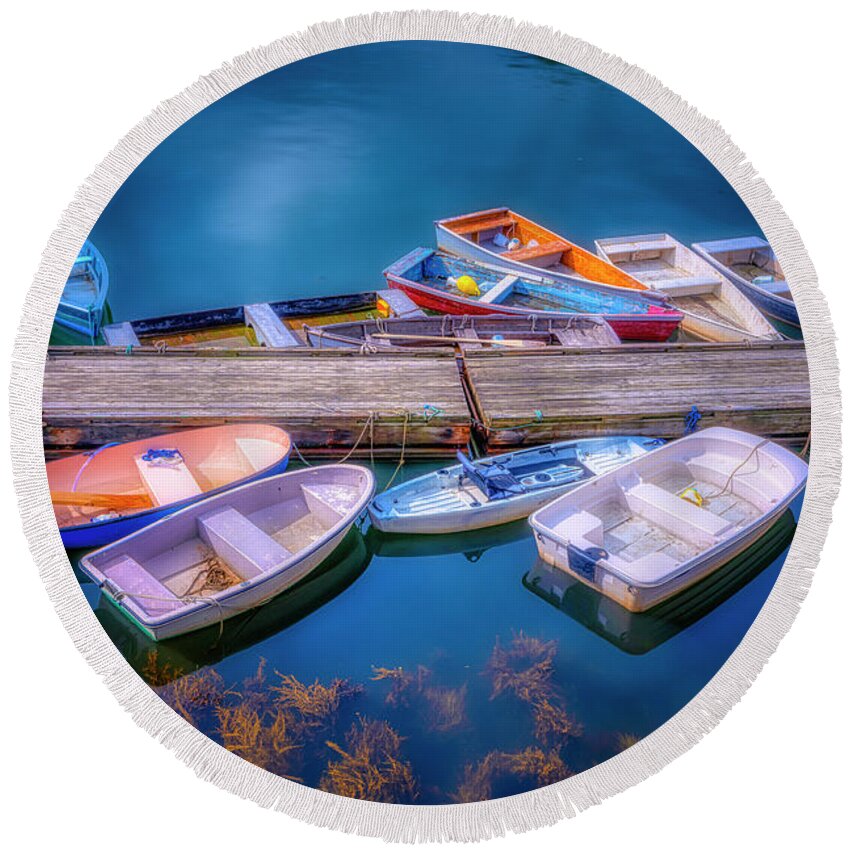 Ogunquit Round Beach Towel featuring the photograph Row Boats Galore by Penny Polakoff