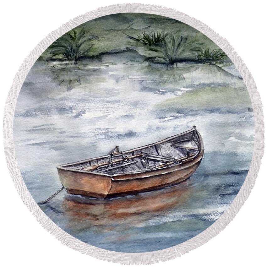 Boat Round Beach Towel featuring the painting Rowboat's Reflection by Kelly Mills