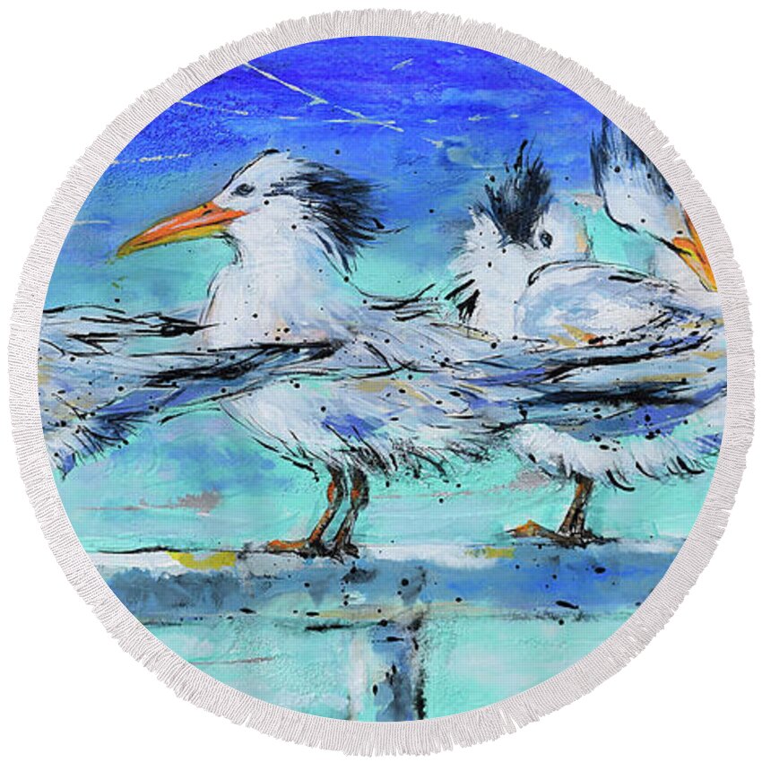 Royal Tern Round Beach Towel featuring the painting Lounging Royal Terns by Jyotika Shroff