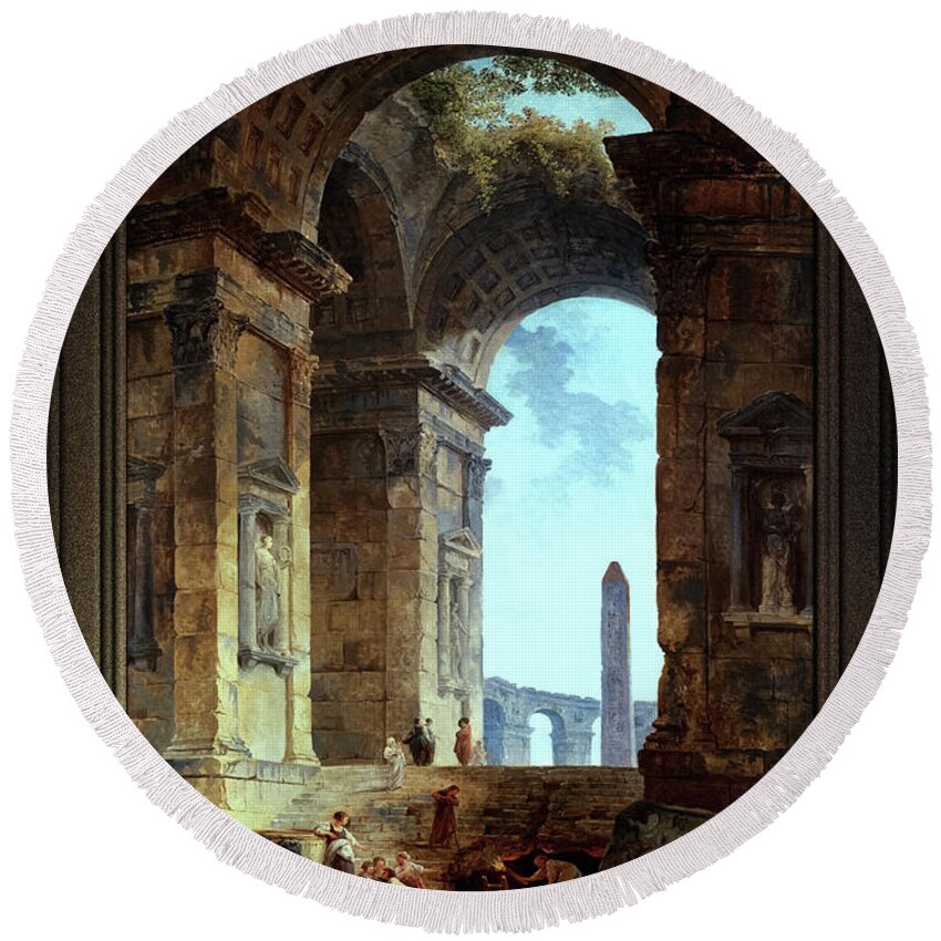 Ruins With An Obelisk Round Beach Towel featuring the painting Ruins With An Obelisk In The Distance Fine Art Old Masters Reproduction by Rolando Burbon