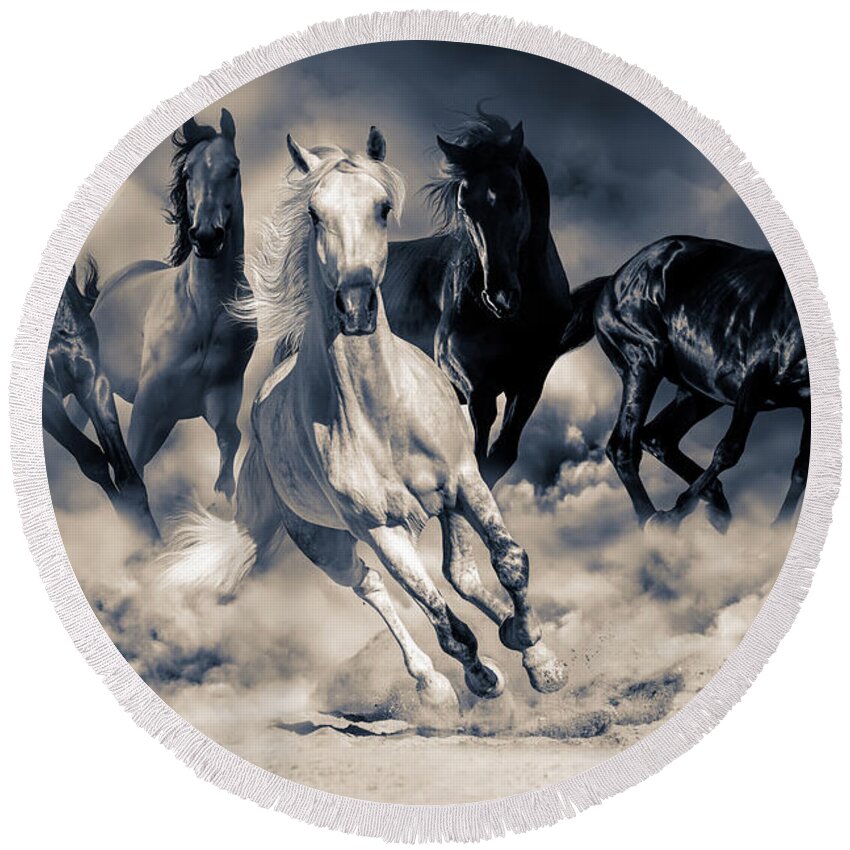 Horses Round Beach Towel featuring the digital art Running Horses by Steve Ladner
