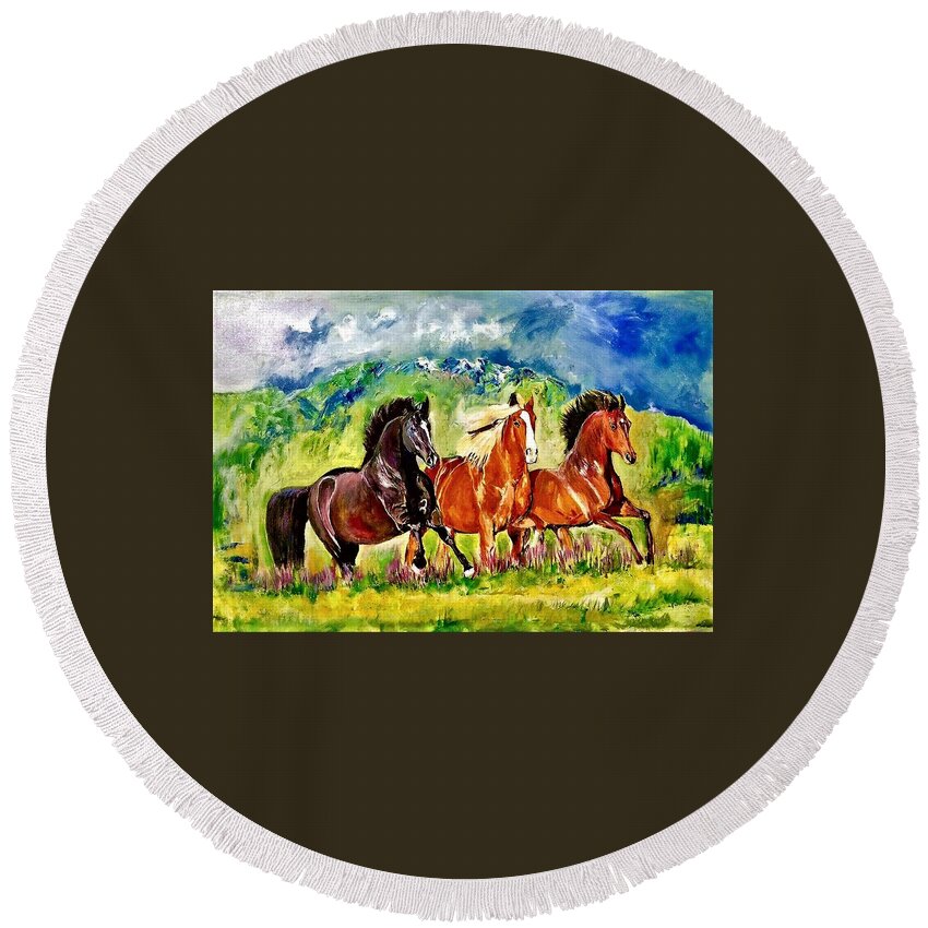 Horse Round Beach Towel featuring the painting Running three by Khalid Saeed
