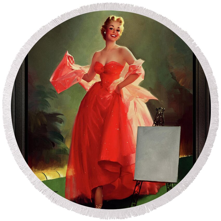 Runway Model Round Beach Towel featuring the painting Runway Model In A Pink Dress by Gil Elvgren Pin-up Girl Wall Decor Artwork by Rolando Burbon
