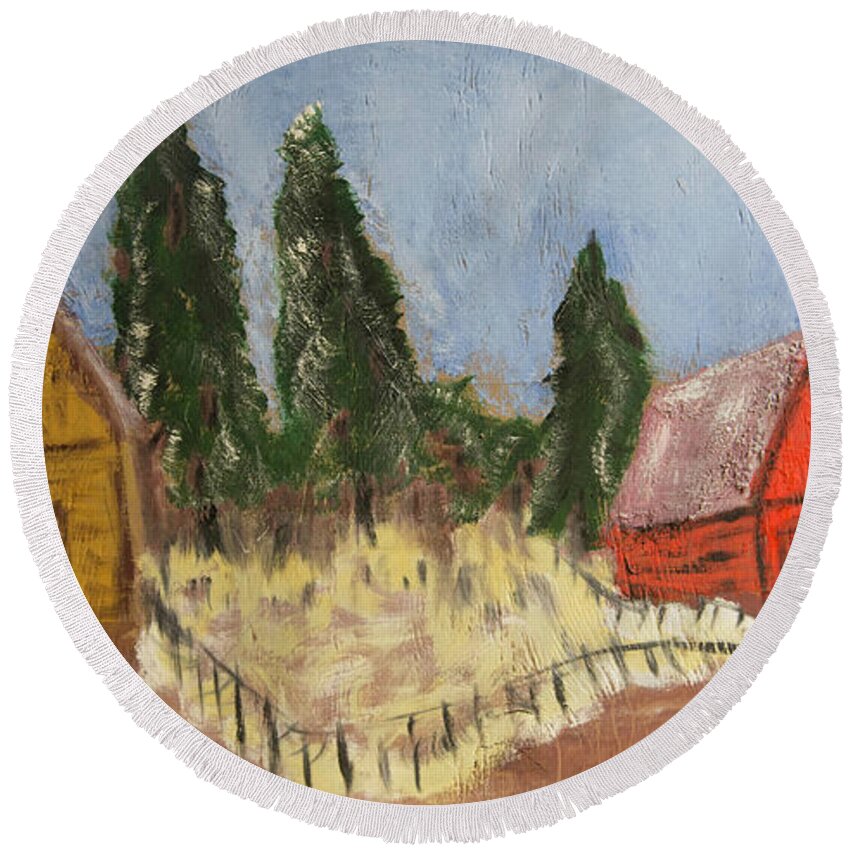  Round Beach Towel featuring the painting Rural Barns by David McCready