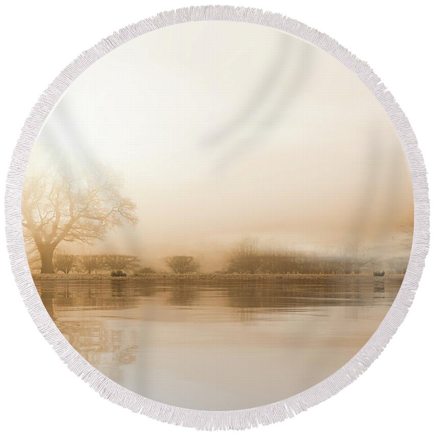 Winter Round Beach Towel featuring the photograph Rural misty Norfolk landscape with water reflections by Simon Bratt