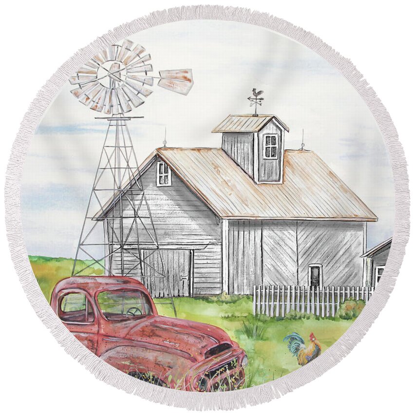 Barn Round Beach Towel featuring the painting Rural White Barn A by Jean Plout
