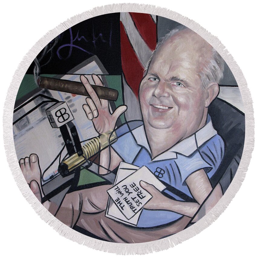 Rush Limbaugh Round Beach Towel featuring the painting Rush Limbough, Talent On Loan From God by Anthony Falbo