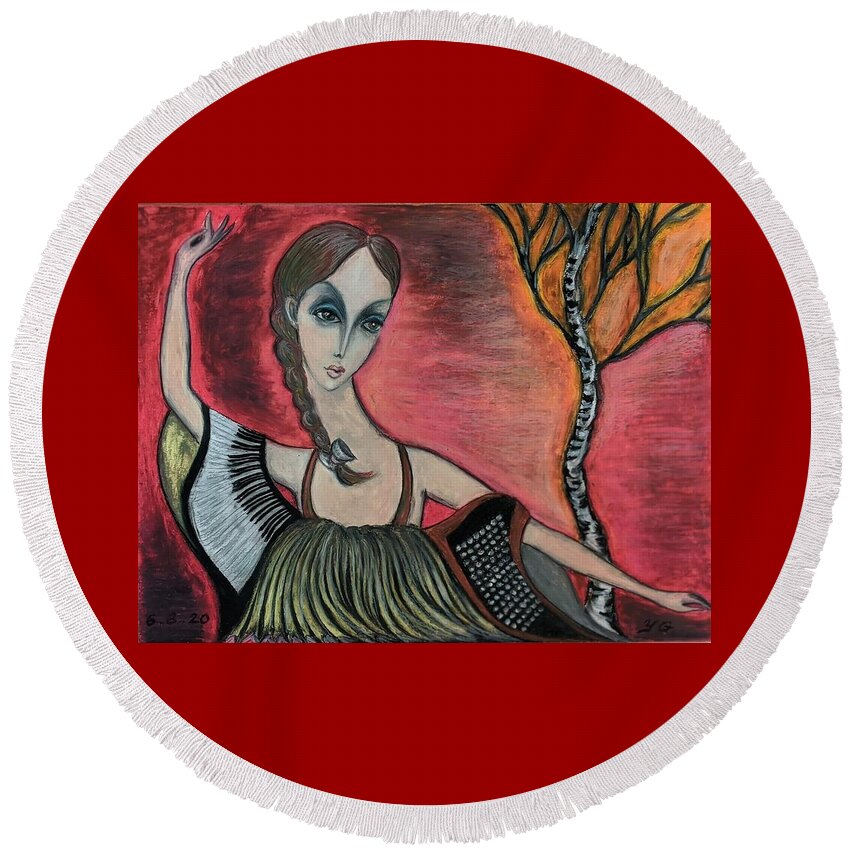 Lady Round Beach Towel featuring the painting Russian Fairytale by Yana Golberg