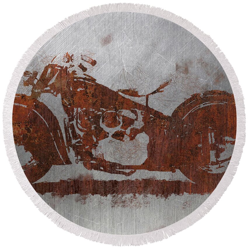 Rust Round Beach Towel featuring the mixed media Rust Indian Classic motorcycle by Vart Studio