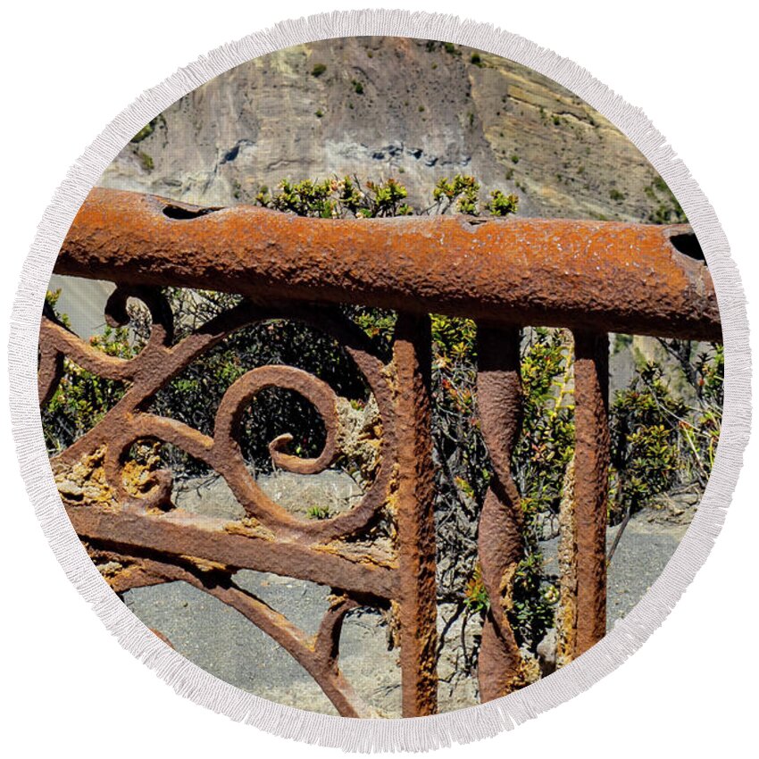 Rust Round Beach Towel featuring the photograph Rusted Rail by Leslie Struxness