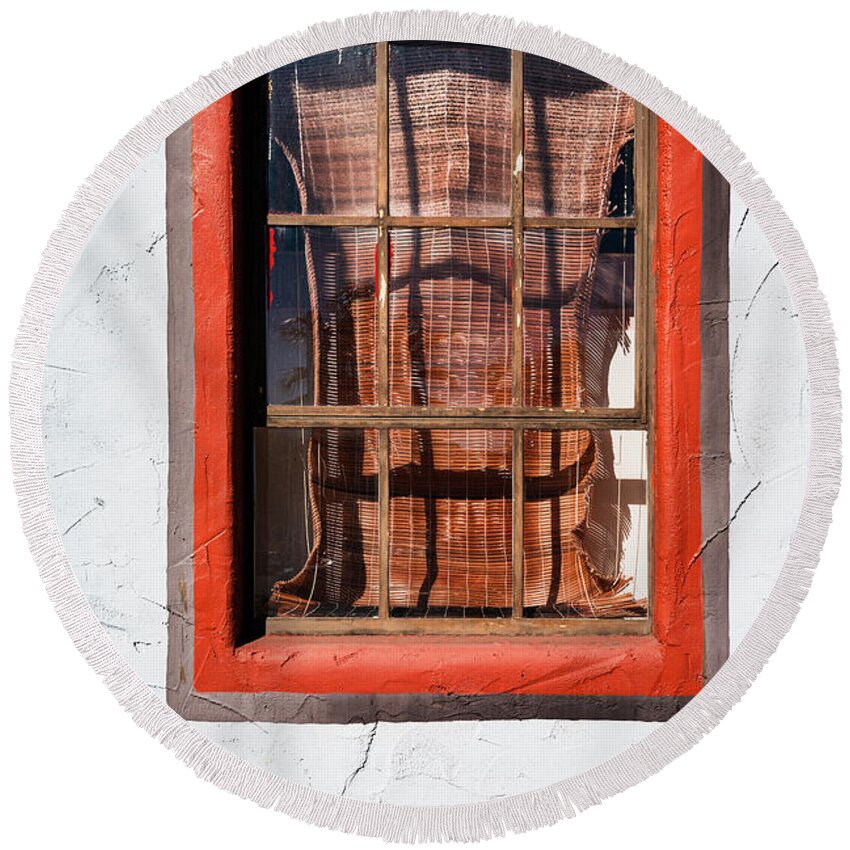 Historic Vintage Old Window Architecture Round Beach Towel featuring the photograph Rustic Doors Windows Palm Springs 0392-100 by Amyn Nasser