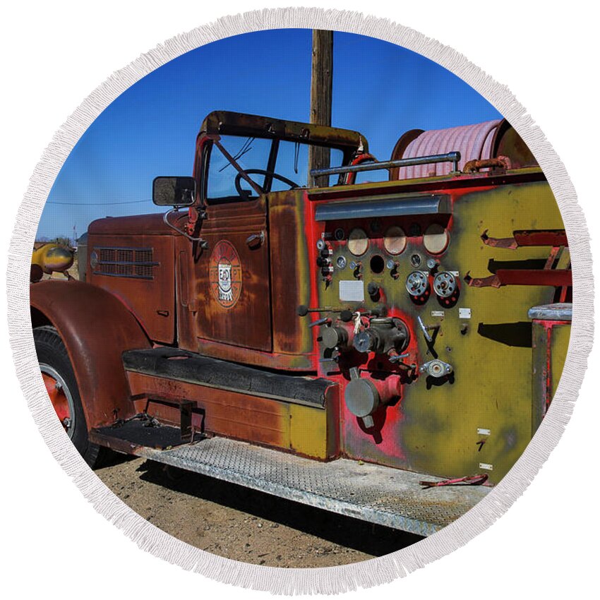 Gold Point Round Beach Towel featuring the photograph Rustic Fire Truck Gold Point Nevada by Garry Gay