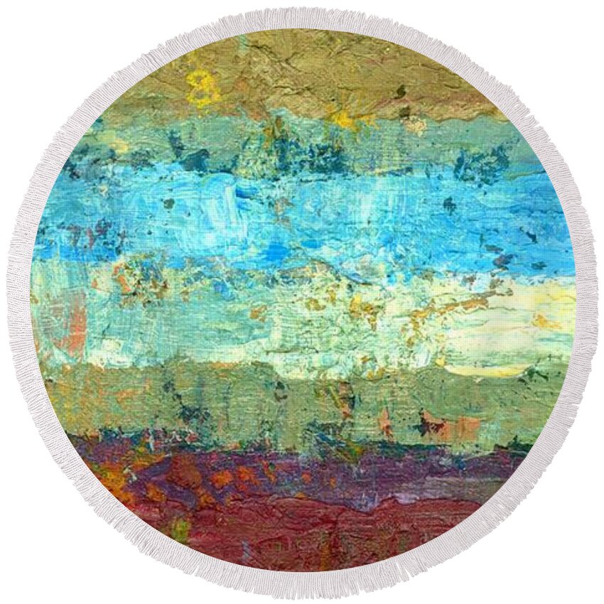 Abstract Round Beach Towel featuring the painting Rustic Stack Two by Michelle Calkins
