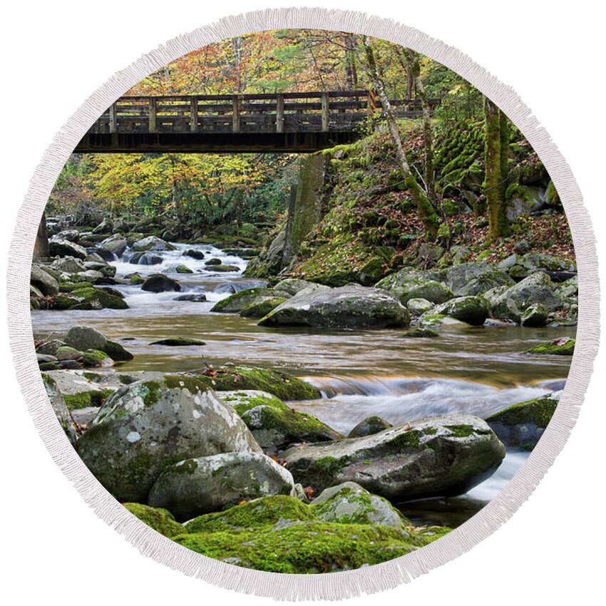 Autumn Round Beach Towel featuring the photograph Rustic Wooden Bridge by Phil Perkins