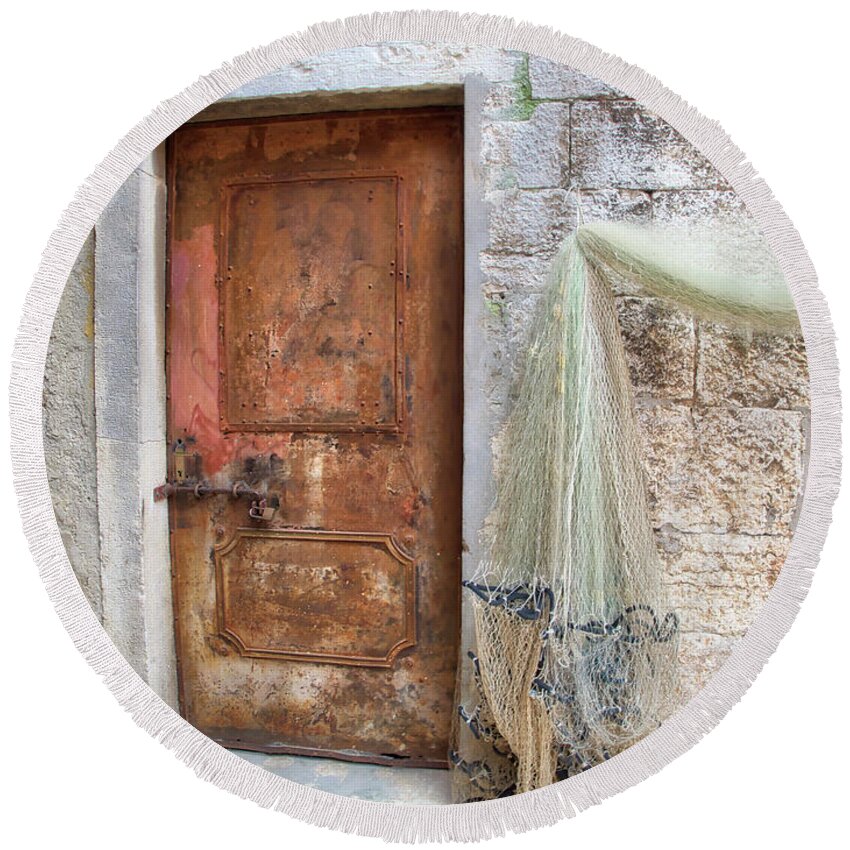 Adriatic Sea Round Beach Towel featuring the photograph Rusty Door by Eggers Photography