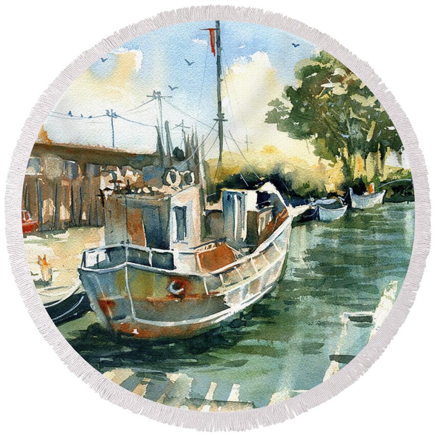 Old Round Beach Towel featuring the painting Rusty Old Boat by Dora Hathazi Mendes