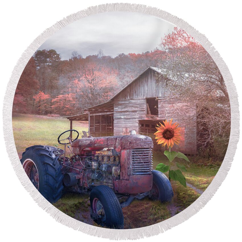 Barns Round Beach Towel featuring the photograph Rusty Red on the Farm in Country Colors by Debra and Dave Vanderlaan