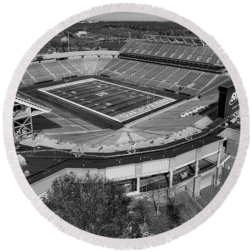 Rutgers Round Beach Towel featuring the photograph Rutgers NJ Football Stadium IV BW by Susan Candelario