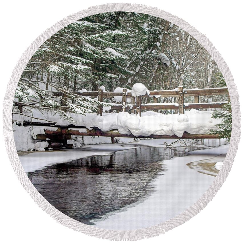 Winter;snow; Footbridge;pictured Rocks National Lakeshore;ice;forest;creek;sable Creek;snowshoeing; Round Beach Towel featuring the photograph Sable Creek Footbridge by Gary McCormick
