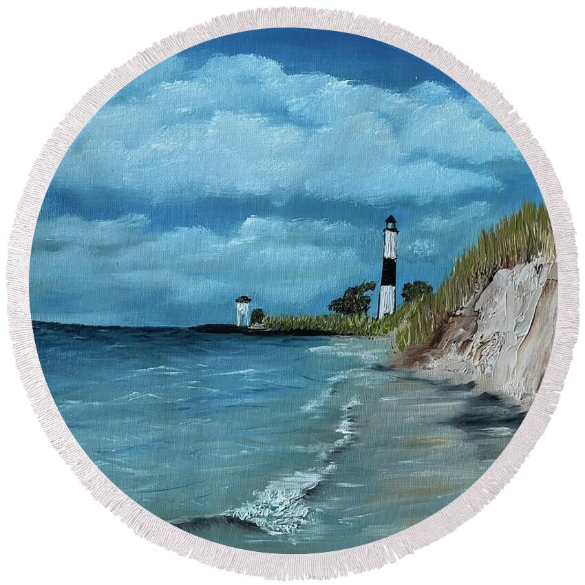 Oil Painting Round Beach Towel featuring the painting Sable Lighthouse by Lisa White