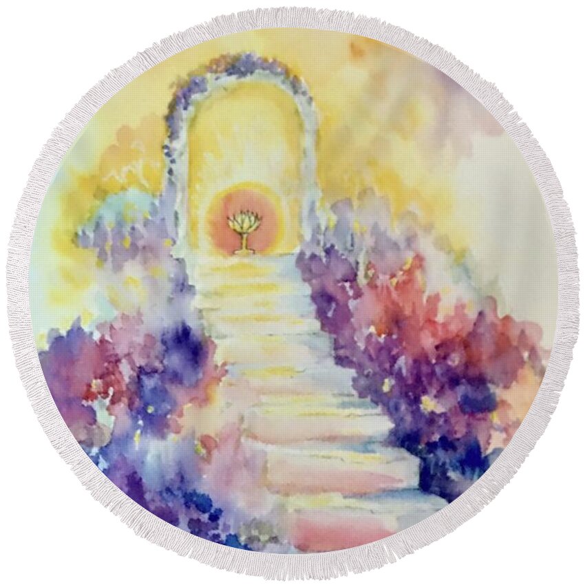 Pathway To Future Sacred Grail Round Beach Towel featuring the painting Sacred grail by Caroline Patrick