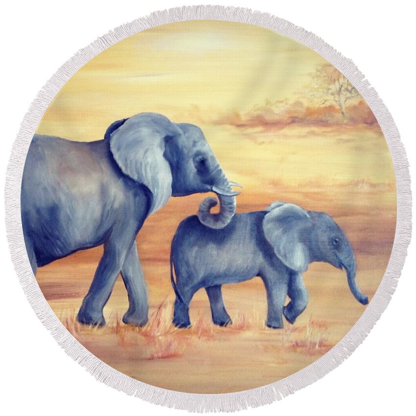 Elephants Round Beach Towel featuring the painting Safari by Barbara Landry
