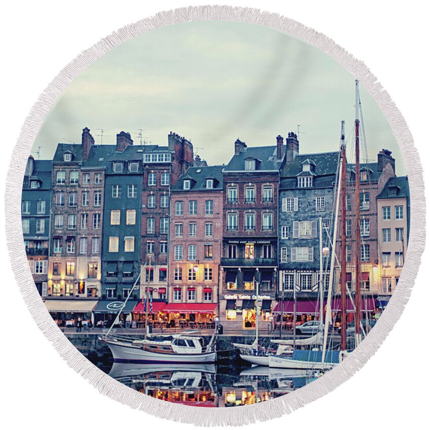 Sailboats Round Beach Towel featuring the photograph Safe Harbor - Honfleur, France by Melanie Alexandra Price