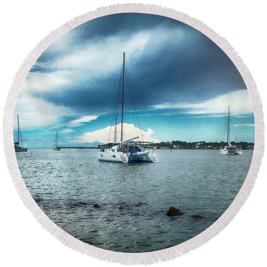 Sailboats Round Beach Towel featuring the photograph Safe Harbor by Judy Hall-Folde