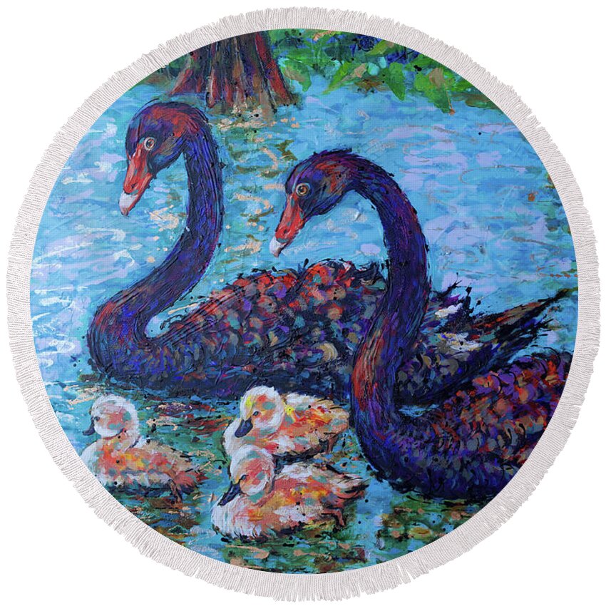  Round Beach Towel featuring the painting Safeguarding Black Swans by Jyotika Shroff