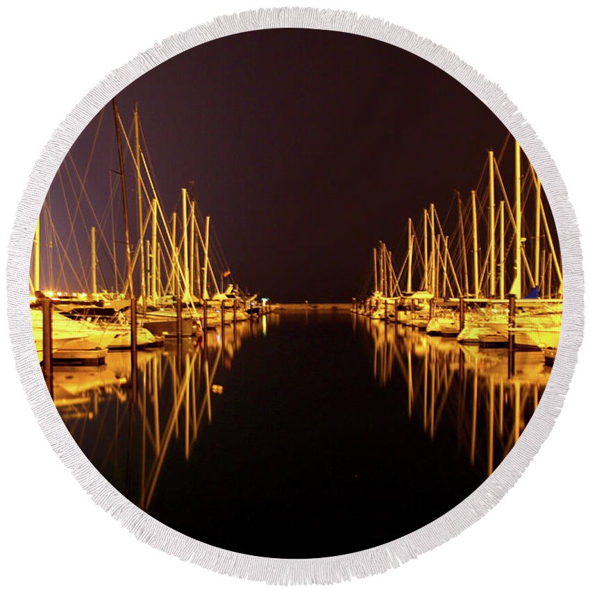 Waterscape Round Beach Towel featuring the photograph Sail Boat Lights Night Monroe Harbor by Patrick Malon