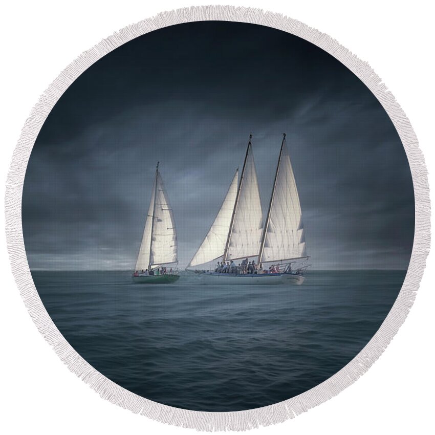 Sailboat Round Beach Towel featuring the photograph Sail Into the Storm by Mark Andrew Thomas